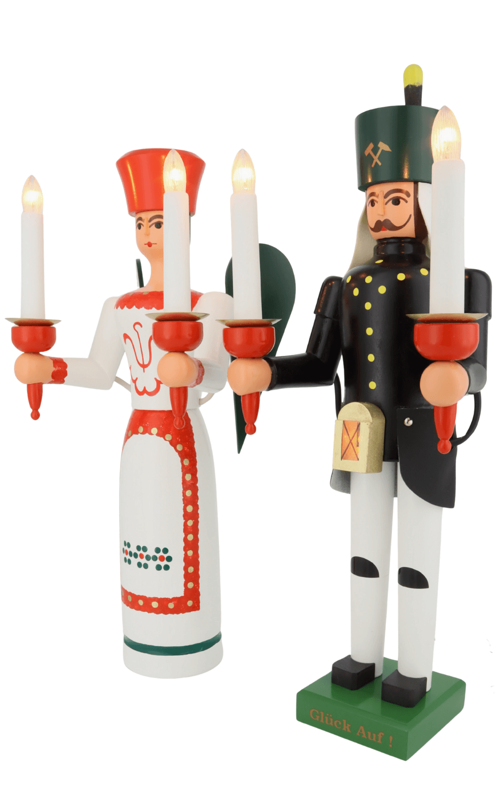 Engel und Bergmann, 38 cm mit Bauchlampe, farbig, elektrisch beleuchtet von SEIFFEN.COM