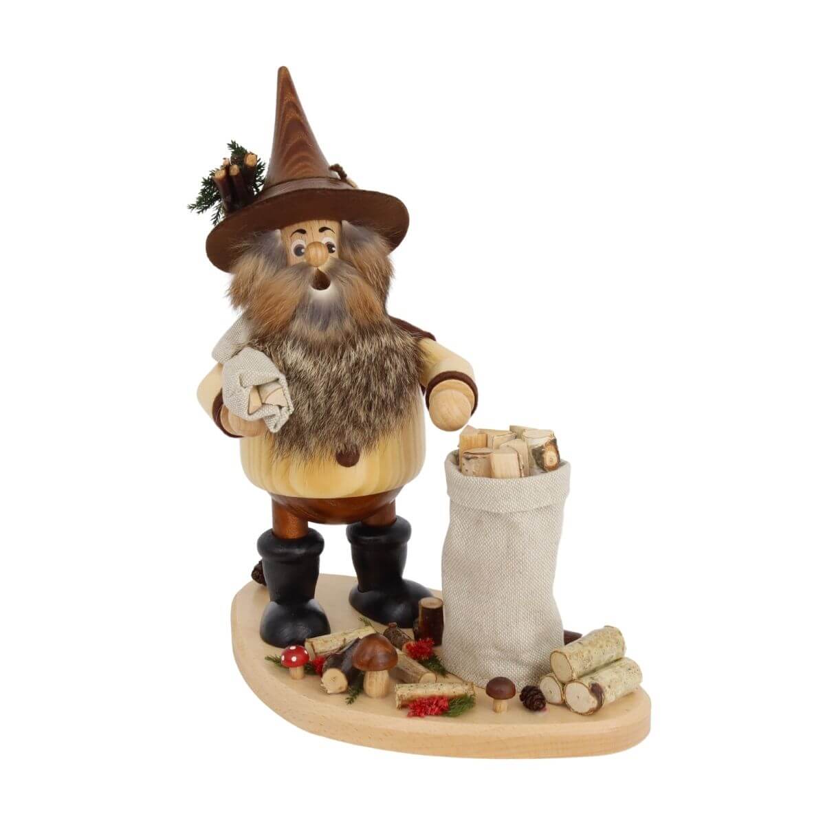 Wichtel, Holzwichtel, Räuchermännchen, Holzfigur, Sack mit Holz