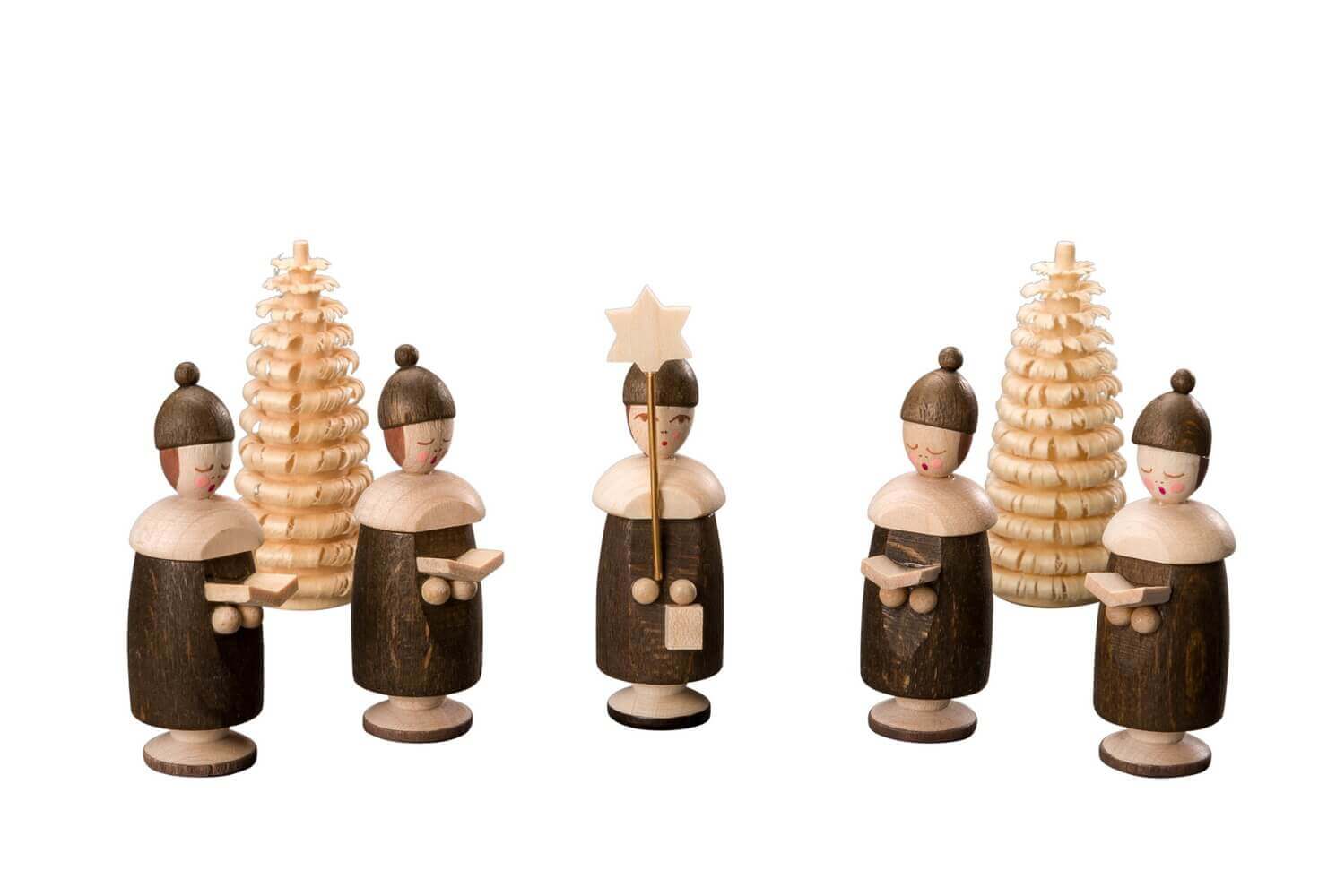 Kurrendefiguren mit Mütze, 5 Stück und 2 Ringelbäumchen, natur von Albin Preißler