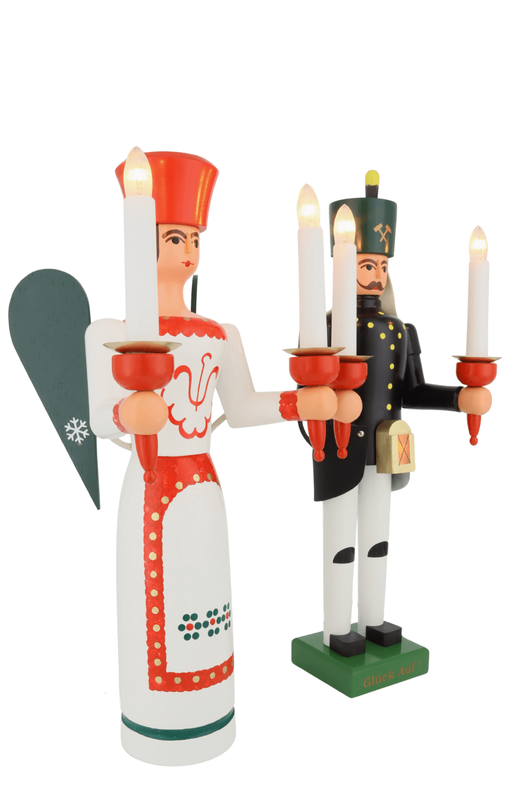 Engel und Bergmann, 38 cm mit Bauchlampe, farbig, elektrisch beleuchtet von SEIFFEN.COM