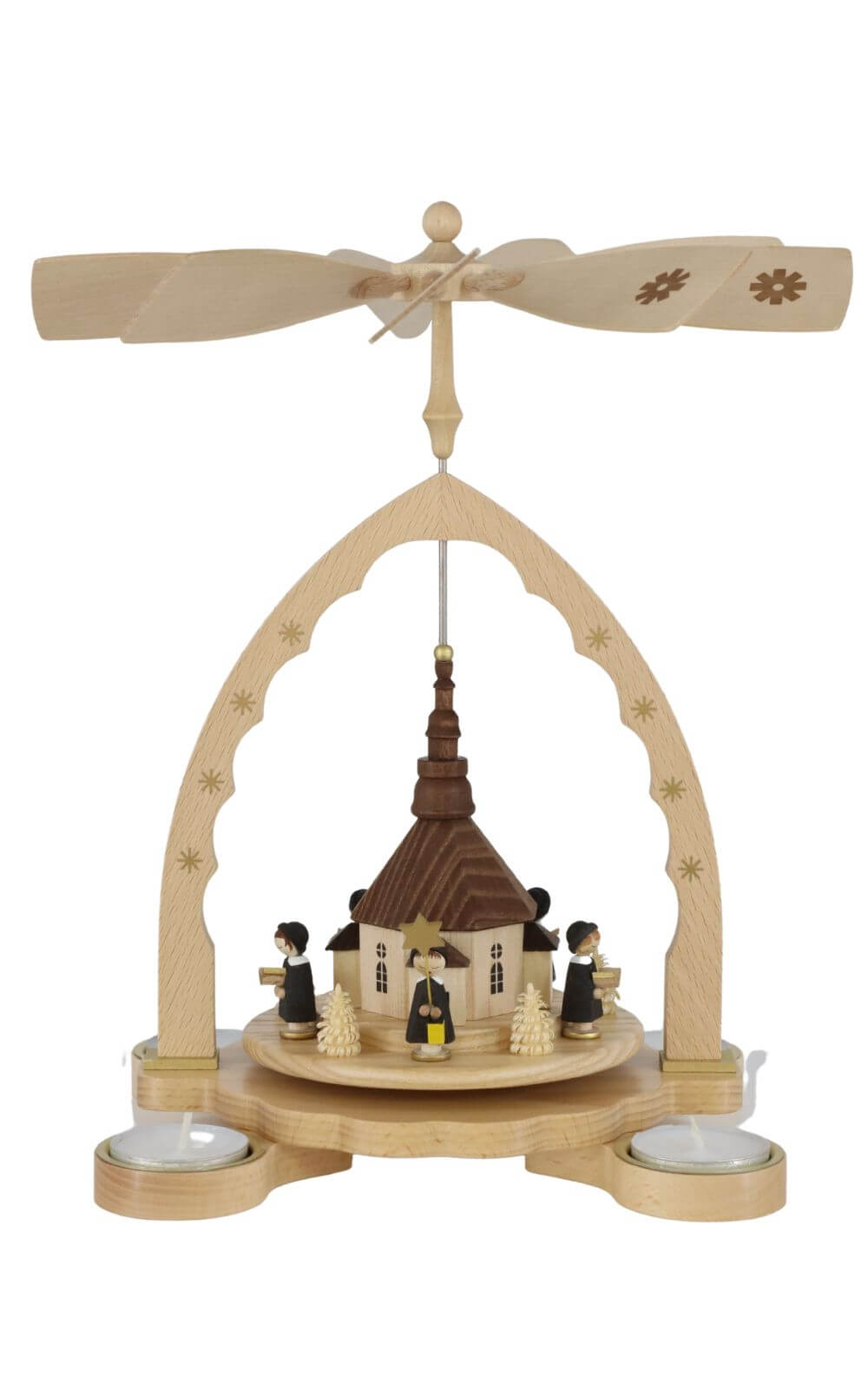 Weihnachtspyramide für Teelichte mit Seiffener Kirche und Kurrende von Richard Glässer