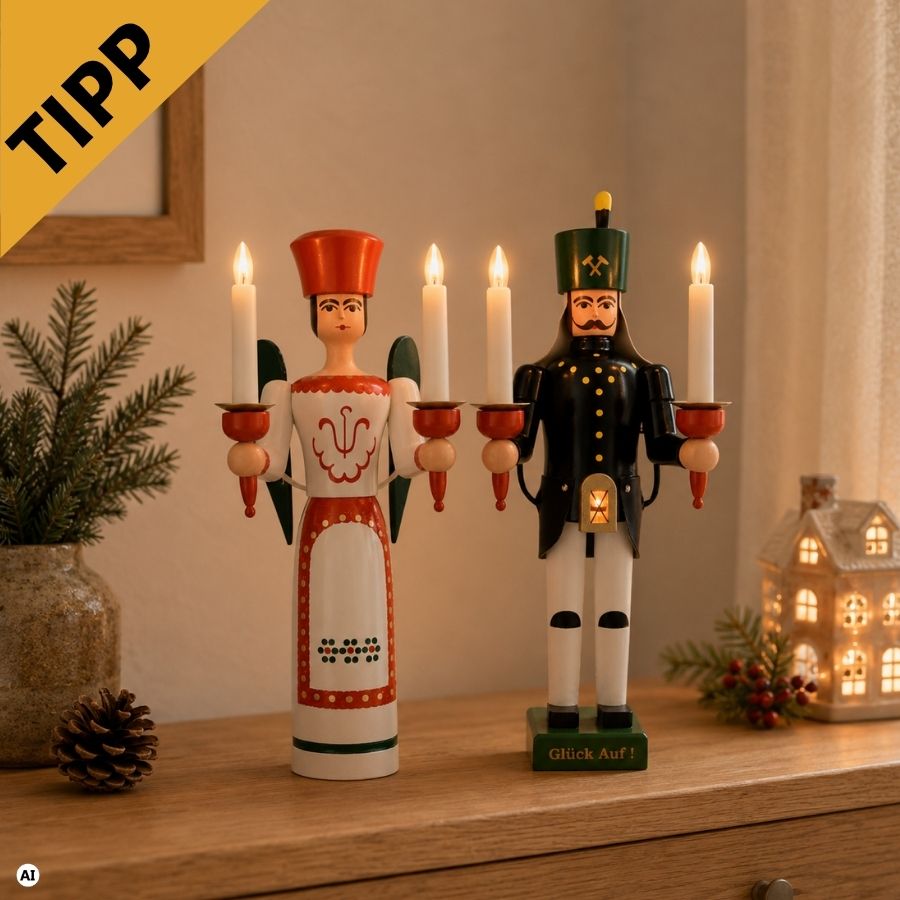 Engel und Bergmann, 38 cm mit Bauchlampe, farbig, elektrisch beleuchtet von SEIFFEN.COM