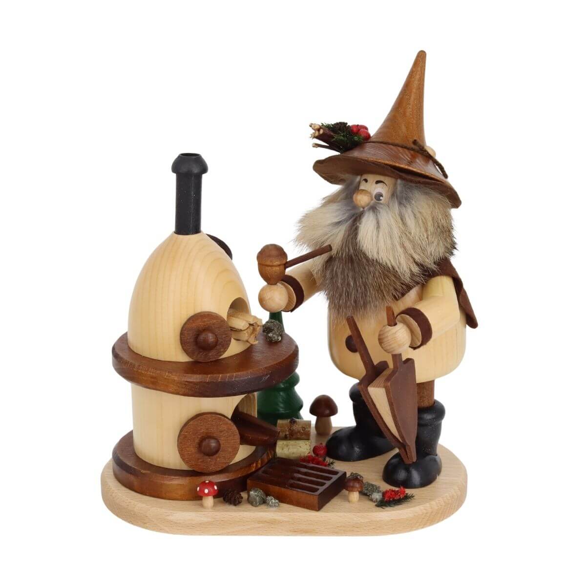 Holzfigur, Wichtel, Waldszenario, Holzofen, Räucherofen