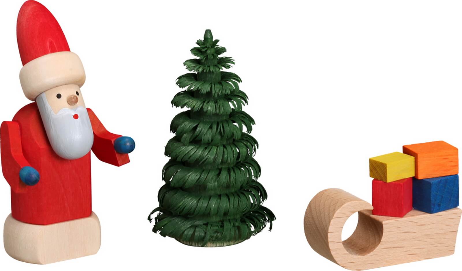 Miniatur Weihnachtsmann mit Schlitten, 3-teilig von Seiffener Volkskunst eG