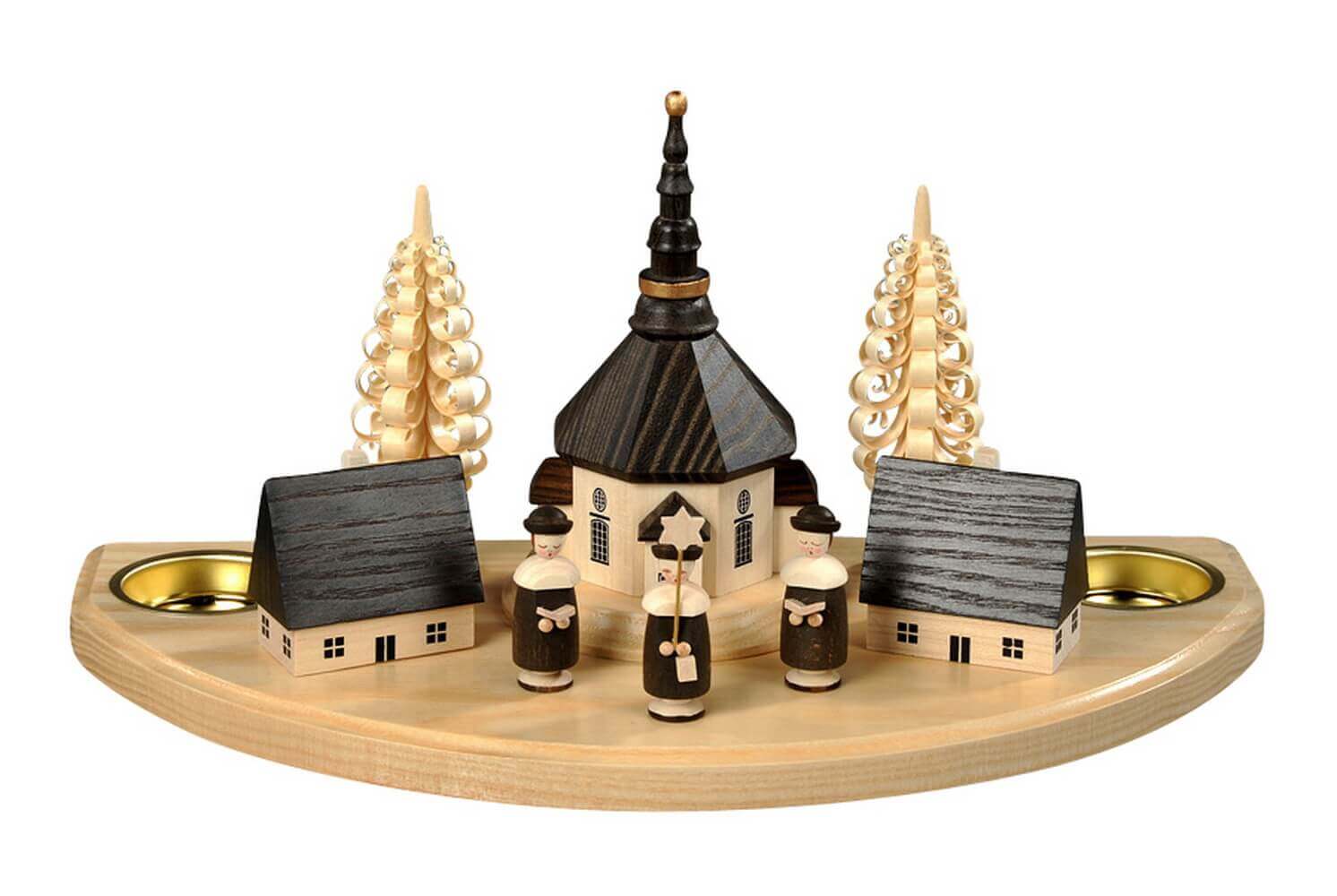 Weihnachtskerzenhalter für Teelichte mit Seiffener Dorf und Kurrende, 30 cm von Albin Preißler