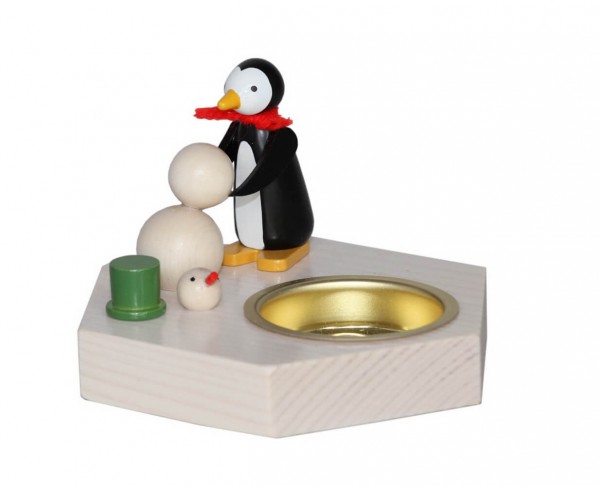 Teelichthalter Pinguin mit Schneemann, 6 cm von Volker Zenker aus Seiffen