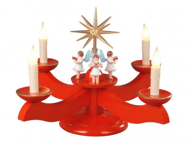 Adventsleuchter mit 4 stehenden Engeln, rot, elektrisch beleuchtet von Albin Preißler