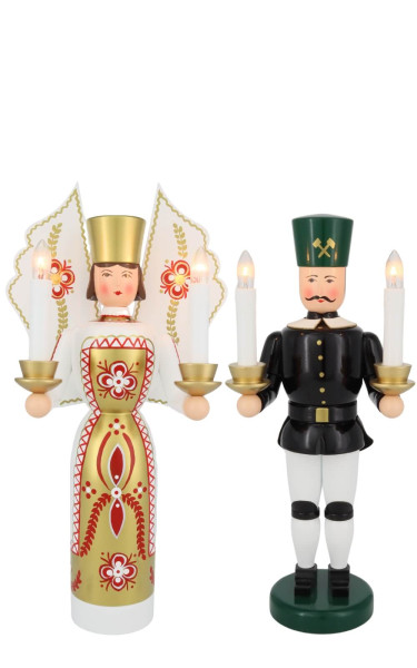 Engel und Bergmann weiß - gold, 36 cm, elektrisch beleuchtet von Holzkunst Gahlenz