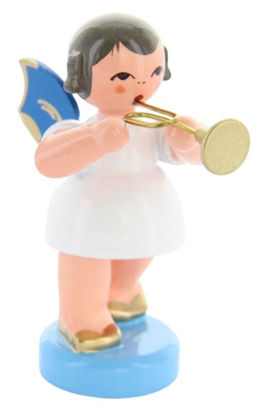 Christmas angel with trumpet and blue wings by Figurenland Uhlig