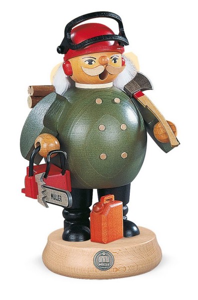 Smoking man lumberjack with chainsaw made of wood by Müller Kleinkunst from Seiffen