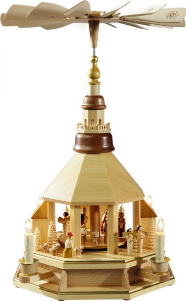 Weihnachtspyramide Seiffener Kirche mit Christi Geburt, elektrisch von Richard Glässer