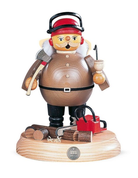 Smoking man tree cutter with chainsaw made of wood by Müller Kleinkunst from Seiffen