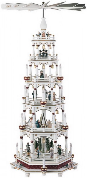 KWO Pyramide Motiv Weihnachtsgeschichte, weiß - bordeaux, 106 cm elektrische angetrieben und beleuchtet