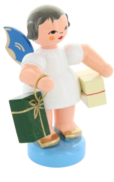 Weihnachtsengel mit 2 Geschenken und blauen Flügeln von Figurenland Uhlig