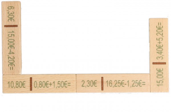 Wooden Artithmetical Domino, Euro, 40 pieces, 16 x 20 x 3 cm, Spielalter ab 3 Jahre, Erzgebirgische Holzspielwaren Ebert GmbH Olbernhau/ Erzgebirge