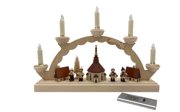 LED Schwibbogen Seiffener Dorf mit Thiel Figuren - 5 Lumix Kerzen von SEIFFEN.COM
