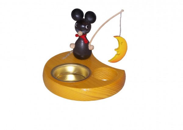 Teelichthalter Maus mit Mond, farbig, 6 cm von Volker Zenker aus Seiffen