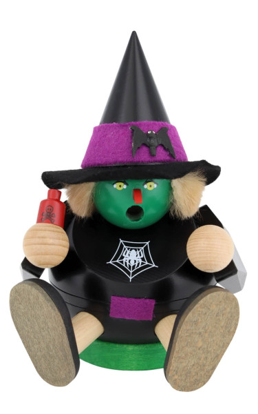 Smoking Figure Halloween Witch, Seated, 5.91 inch by Richard Glässer, Made in Germany – Authentic Erzgebirge Wood Art