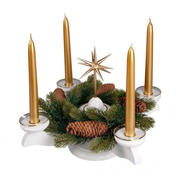 Advent candlestick with poinsettia and fir wreath, white by Albin Preißler