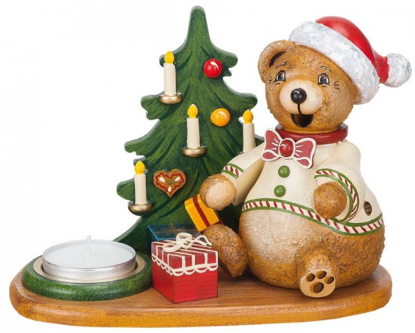 Räuchermännchen Teddys Weihnachtsgeschenke mit Teelicht von Hubrig Volkskunst GmbH Zschorlau/ Erzgebirge ist 14 cm groß.