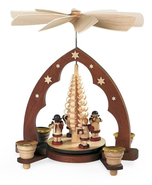 Weihnachtspyramide Musikantenengel Spitzbogen, natur, 28 cm, Müller Kleinkunst aus Seiffen