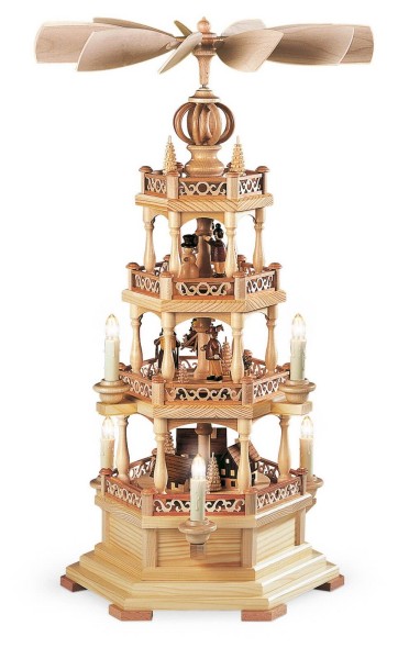 Weihnachtspyramide Erzgebirgsmotiv, 3 - stöckig, natur, elektrisch, 230 V, 60 cm, hergestellt von Müller Kleinkunst aus Seiffen