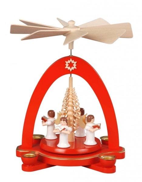Weihnachtspyramide mit 4 Engel und Spanbaum, rot, 20 cm von Albin Preißler
