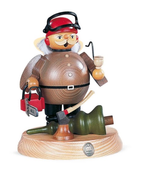 Smoking man lumberjack with chainsaw made of wood by Müller Kleinkunst from Seiffen