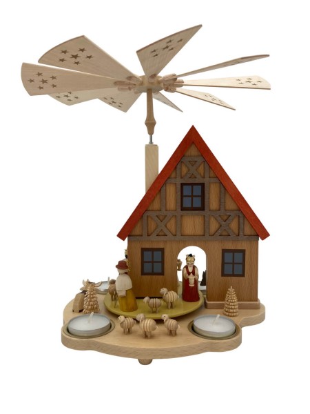 Christmas pyramid for tea lights Nativity of Christ with house, 29 cm by Richard Glässer