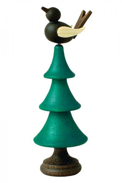 German Wooden Toy bird on an tree, green, 8 cm, Spielalter ab 3 Jahre, Robbi Weber Seiffen/ Erzgebirge