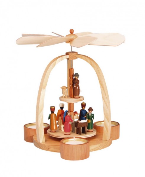 Weihnachtspyramide für Teelichte mit Heilige Familie, farbig, 24 cm von Knuth Neuber