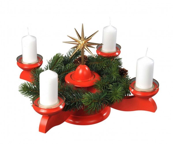 Albin Preißler Adventsleuchter mit Weihnachtsstern und Tannenkranz, rot 