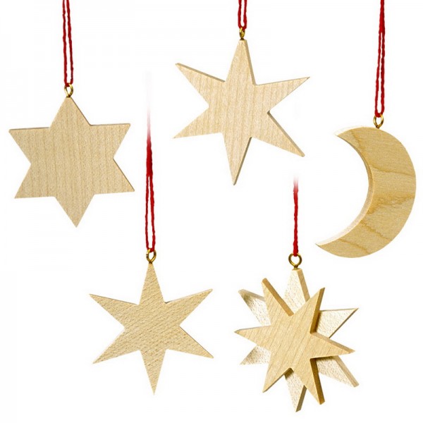 Christmas Tree Decoration & Ornament Moon and Star, 5 - pieces, 5 cm, Robbi Weber Seiffen/ Erzgebirge