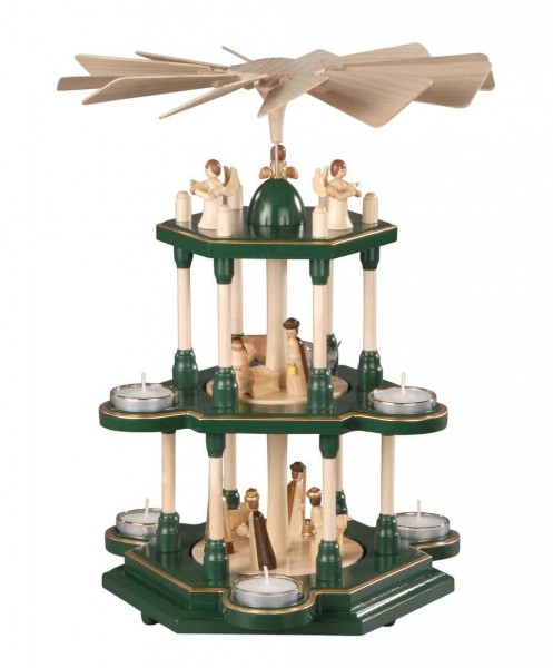 Teelichtpyramide Heilige Familie, grün, 3-stöckig, 41 cm von Albin Preißler