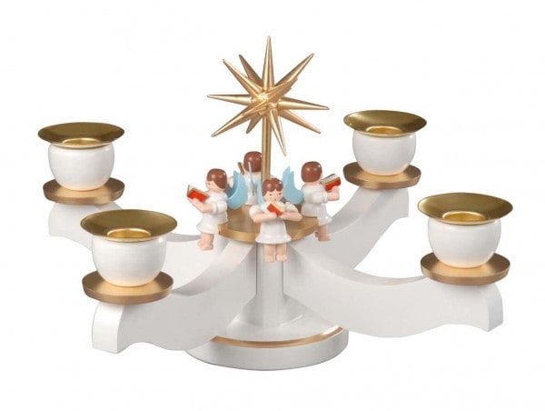 Adventsleuchter mit 4 sitzenden Engeln, weiß/bronze von Albin Preißler