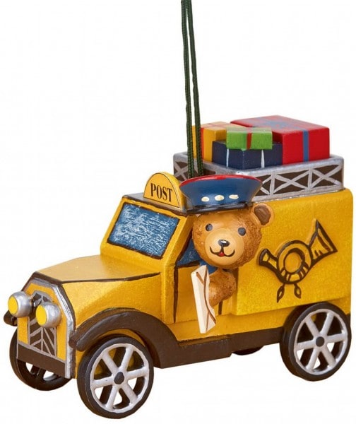 Baumbehang &amp; Christbaumschmuck Postauto mit Teddy von Hubrig Volkskunst Zschorlau/ Erzgebirge ist 8 cm groß.