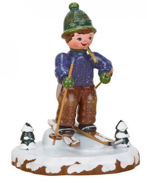 German Figurine - Winter Kid boy with ski, 8 cm, Hubrig Volkskunst GmbH Zschorlau/ Erzgebirge