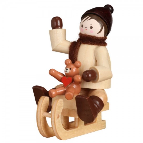 Miniatur Winterkind mit Teddy auf Schlitten von Romy Thiel