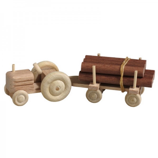 Wooden Car tractor with wagon wood, nature, 7,5 cm, Spielalter ab 3 Jahre, Robbi Weber Seiffen/ Erzgebirge